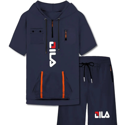 Summer Print Men's 2-piece Set Hooded Streamer Pocket Short Sleeve and Trouble Shorts Comfortable Loose T-Shirt Short Sleeve Set