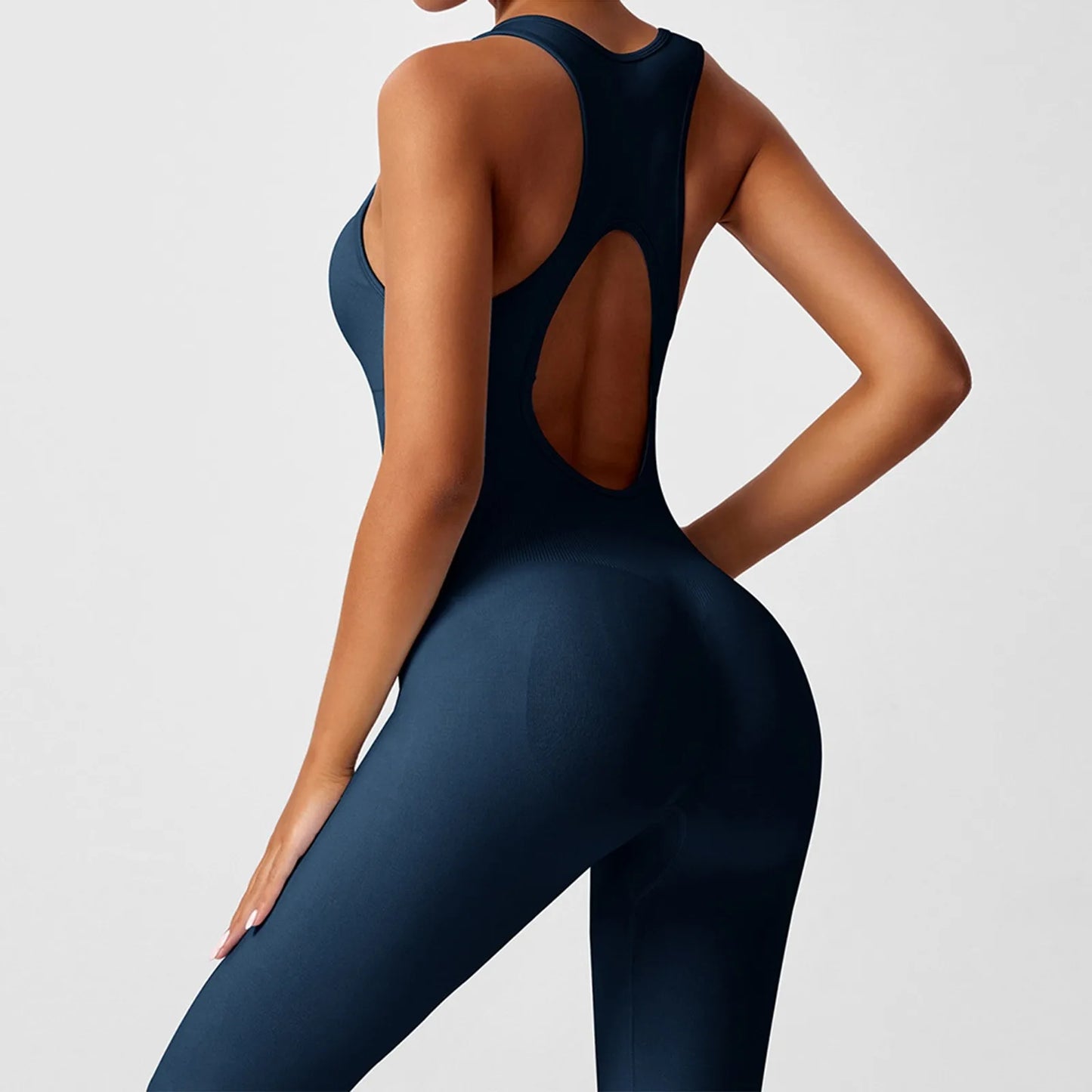Women's Fashionable Solid Color Round Neck Tight Back Yoga Suit Yoga Jumpsuit Sports Overalls Gym Clothing Set Sexy Yoga Clothes
