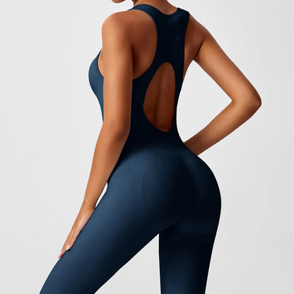 Women's Fashionable Solid Color Round Neck Tight Back Yoga Suit Yoga Jumpsuit Sports Overalls Gym Clothing Set Sexy Yoga Clothes