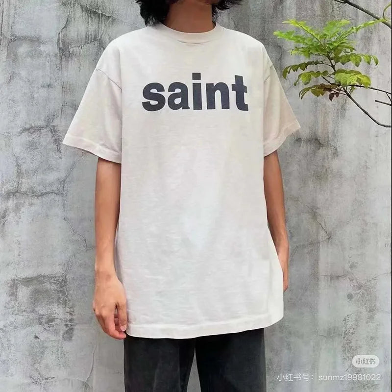 Simple Classic Letters Logo Printing Saint T Shirt Men Women Couple Casual Fashion Tee Tops Oversized White T-Shirt With Tag