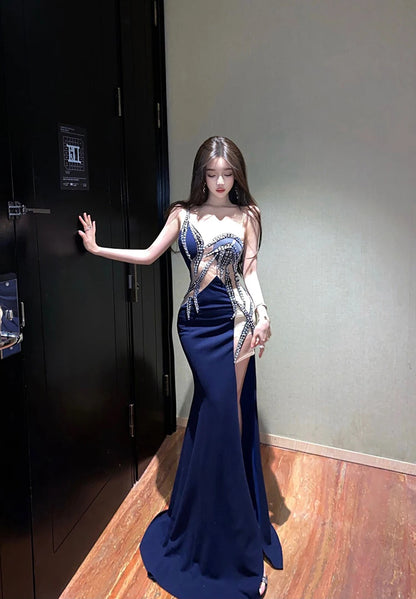 European and American style women exposed legs high fork slimming dress long skirt High end temperament socialite dress