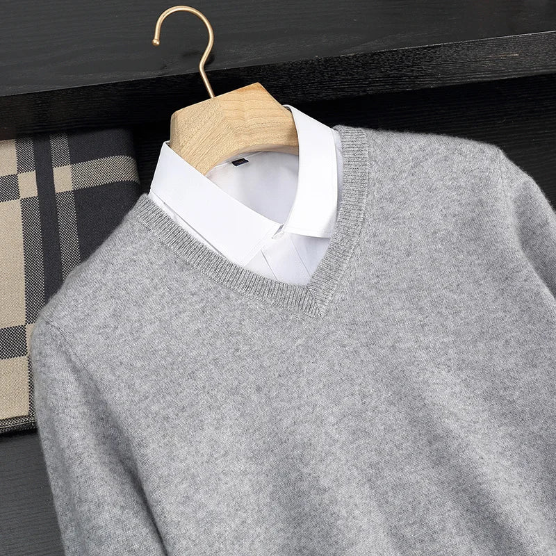 Autumn/Winter New Men's 100% Cashmere Pullover Business Casual Solid Knitted Sweater Loose V-neck Tops Basic Thick Warm Jumper