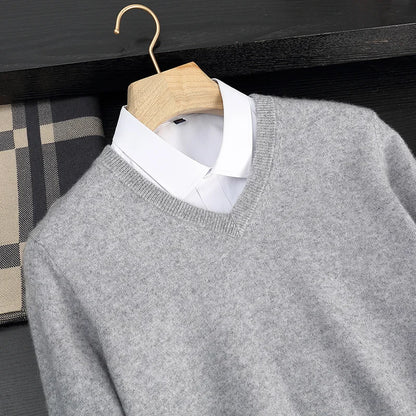 Autumn/Winter New Men's 100% Cashmere Pullover Business Casual Solid Knitted Sweater Loose V-neck Tops Basic Thick Warm Jumper