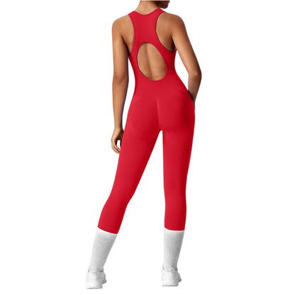 Women's Fashionable Solid Color Round Neck Tight Back Yoga Suit Yoga Jumpsuit Sports Overalls Gym Clothing Set Sexy Yoga Clothes