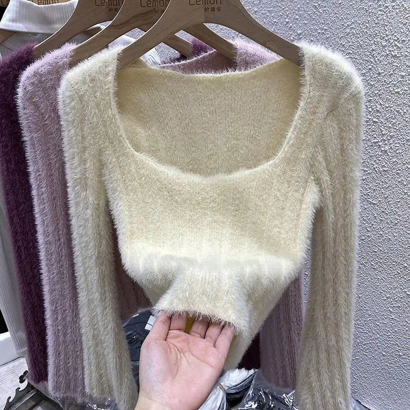 Mink Sweater Women's Autumn and Winter Inner Top French Niche Square Neck Short Soft Sticky Long Sleeves Top Bottom Knit Sweater