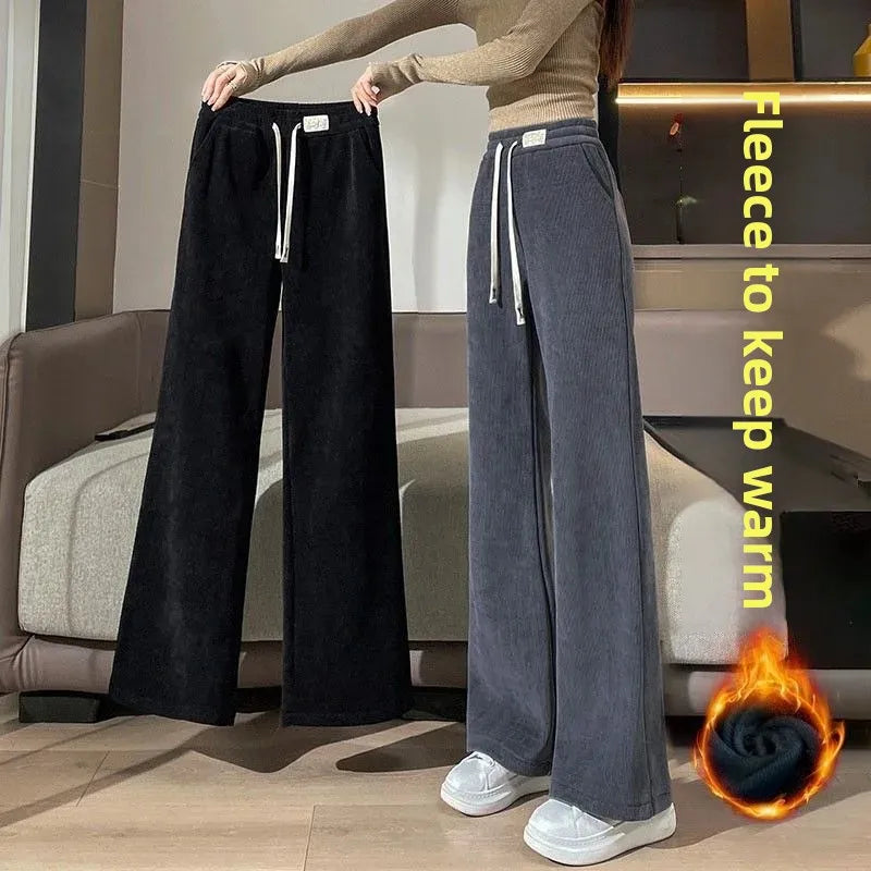 Thickened Corduroy Wide Leg Pants Women's Spring Autumn Fleece Lined Straight Narrow Version Winter Comfortable Trousers