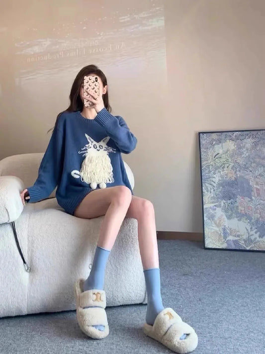 Suéter Azul Coreano Inverno 2025 - Gatinho Bordado