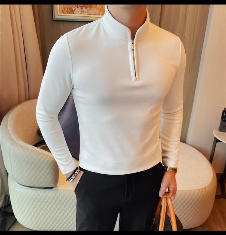 Men's Half Zipper Long Sleeved T-shirt Autumn Winter New Pure Color Thicken Slim Fit Elastic Fashionable Versatile T-Shirt
