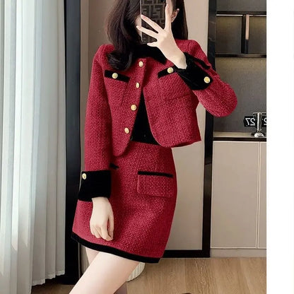 2025 Luxe Tweed Set Women Fall Winter Tailored Jacket  Pencil Skirt Lace Trim