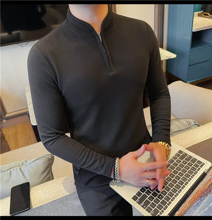 Men's Half Zipper Long Sleeved T-shirt Autumn Winter New Pure Color Thicken Slim Fit Elastic Fashionable Versatile T-Shirt
