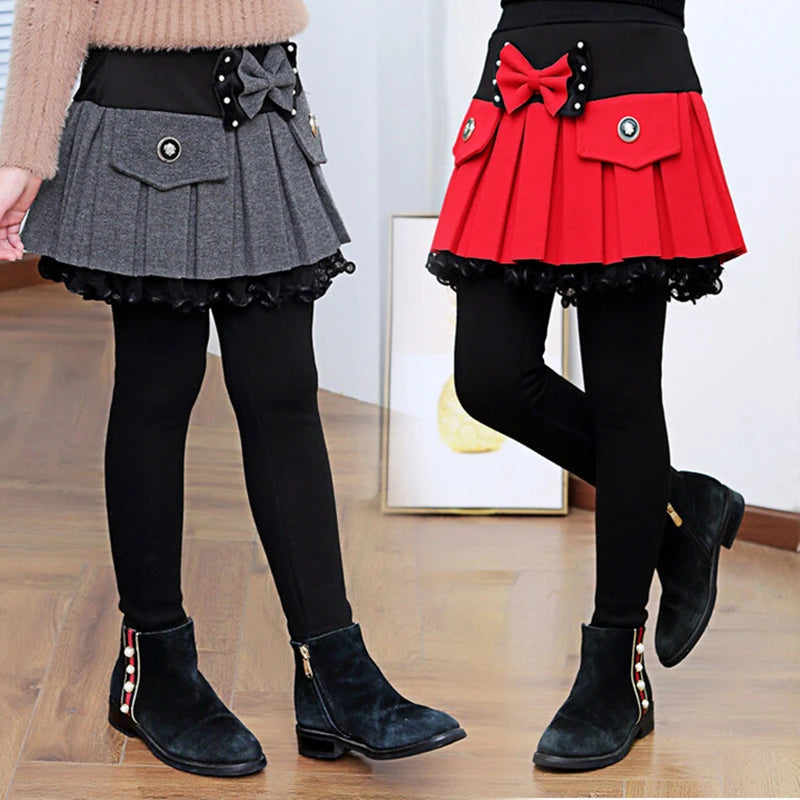 Children Winter Warm Leggings with Skirt For Girls Insulated SKinny Pants-Skirt With Bow Skirtpants Kids Baby Culottes Pants