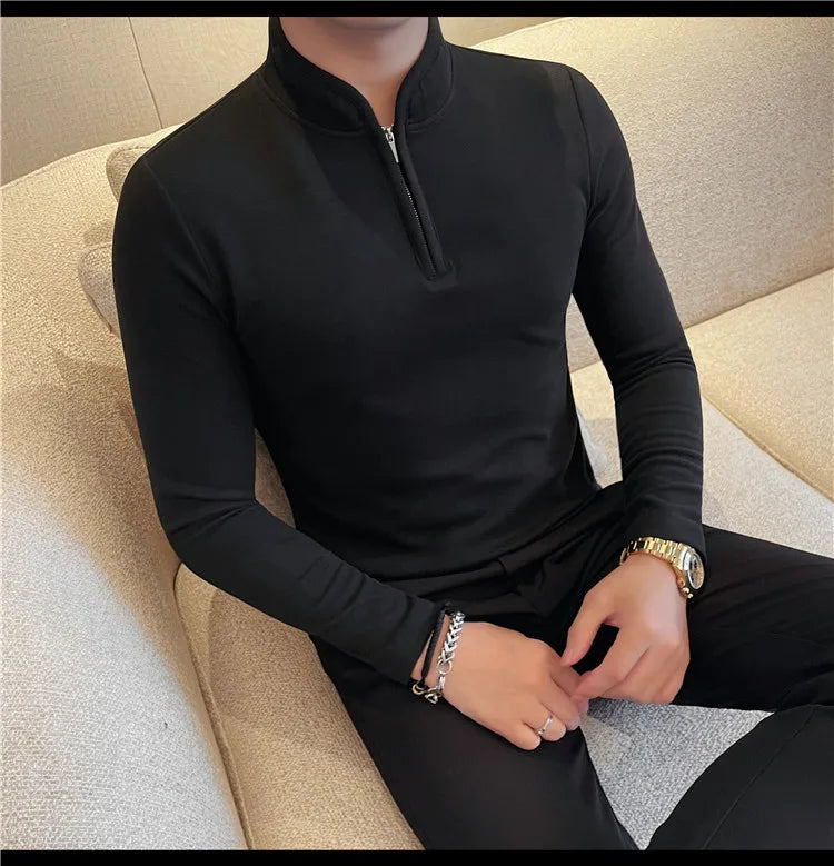 Men's Half Zipper Long Sleeved T-shirt Autumn Winter New Pure Color Thicken Slim Fit Elastic Fashionable Versatile T-Shirt