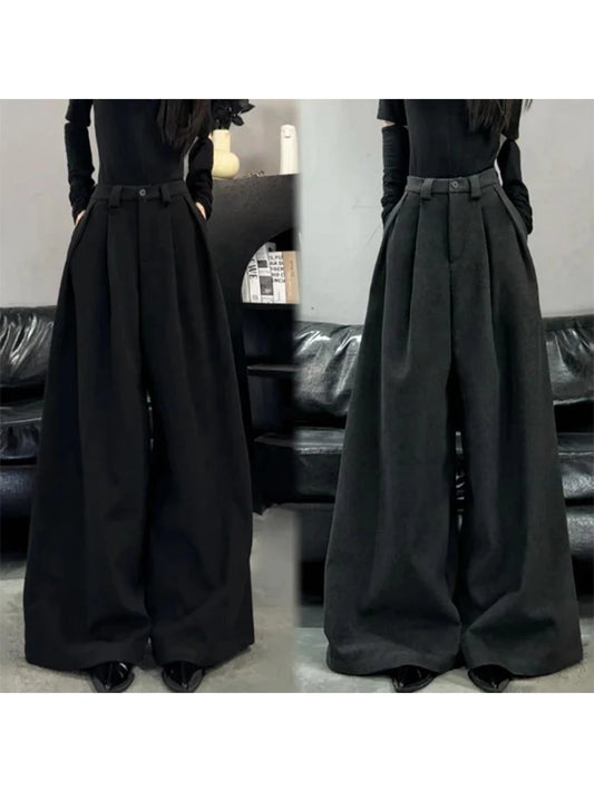 Spring 2025 New Black Suits Pants for Women Office Lady Elegant Korean High Waist Wide Leg Fashion Trousers with Pockets