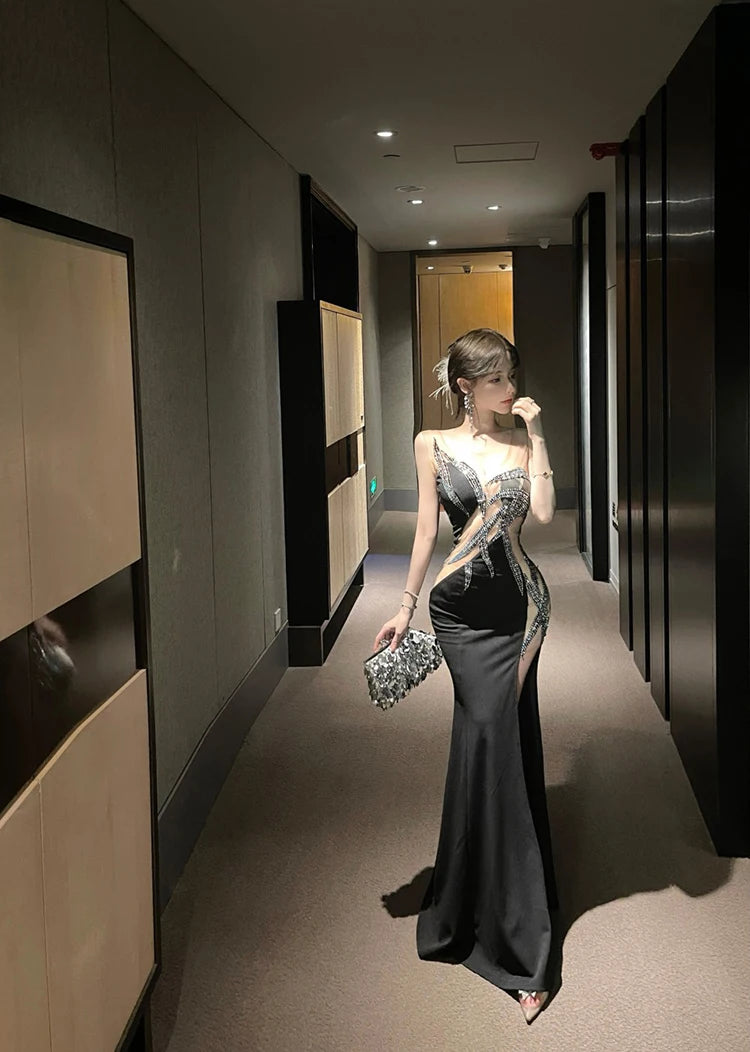 European and American style women exposed legs high fork slimming dress long skirt High end temperament socialite dress