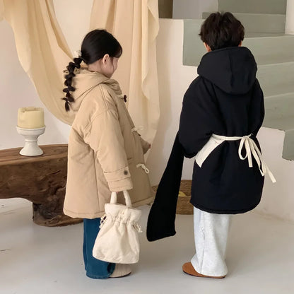 Winter Korean Children Boy Parkas Cotton Padded Thicken Hooded Toddler Boy Snowwear Coat Casual Solid Horn Button Kid Boy Jacket