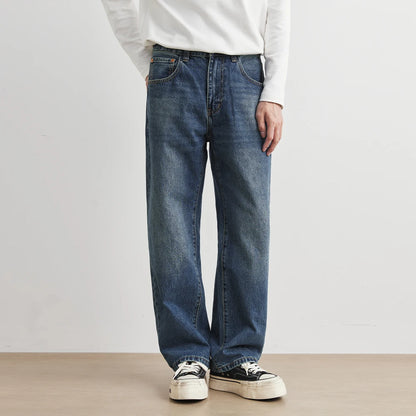 Blue Washed American Style Men's Jeans Straight Leg Loose Wide Leg Pants Retro Trendy Brand Casual Wear All Seasons Size Plus