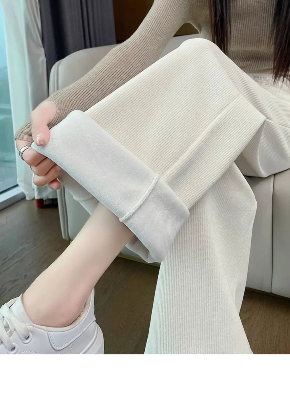Thickened Corduroy Wide Leg Pants Women's Spring Autumn Fleece Lined Straight Narrow Version Winter Comfortable Trousers