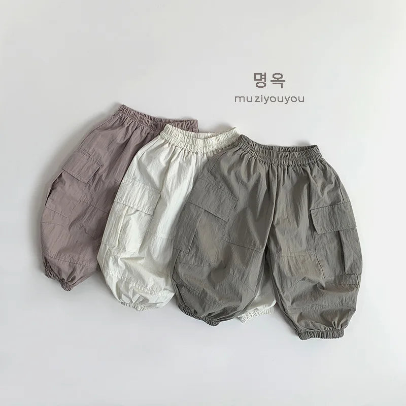 2025 Summer New Children Casual Pants Vintage Girls Cargo Pants Solid Boys Trousers Thin Cotton Kids Mosquito Pants Baby Clothes