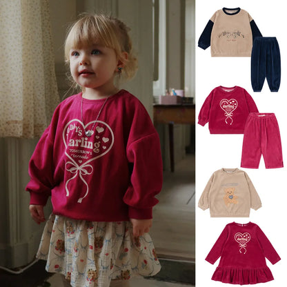 2025 KS Winter Christmas Kids Clothes Girls Velvet Dresses Printed Sweatshirts+Pants Sets Baby Boy Casual Pullover Trousers Suit