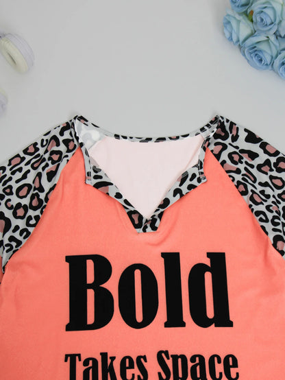 Plus size women's V-neck letter printed vacancies sleeve leopard striped top loose casual short-sleeved T-shirt