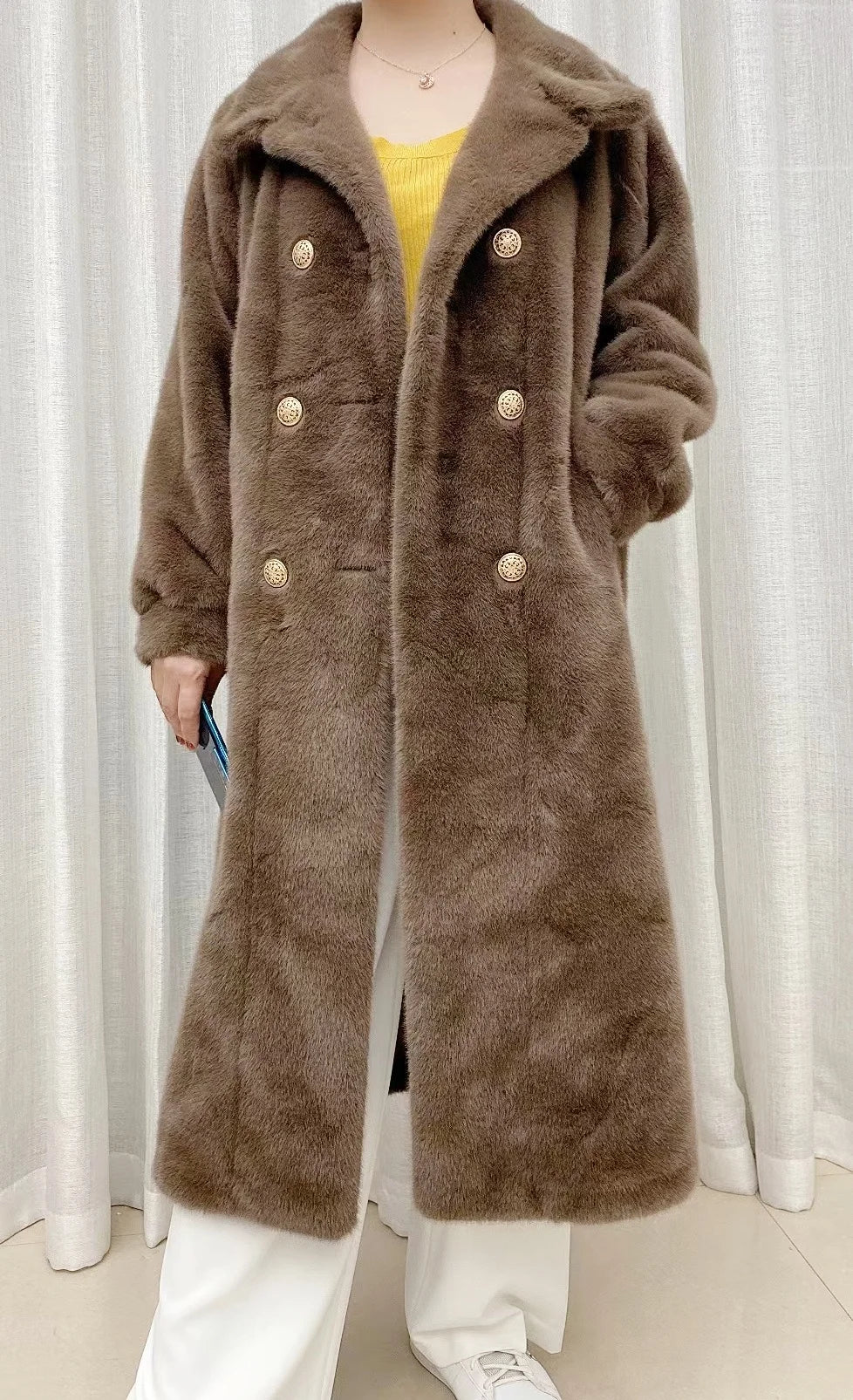 Faux fur coat long coat women's lapel double-breasted loose warm high-end atmospheric coat jacket 24 autumn and winter new