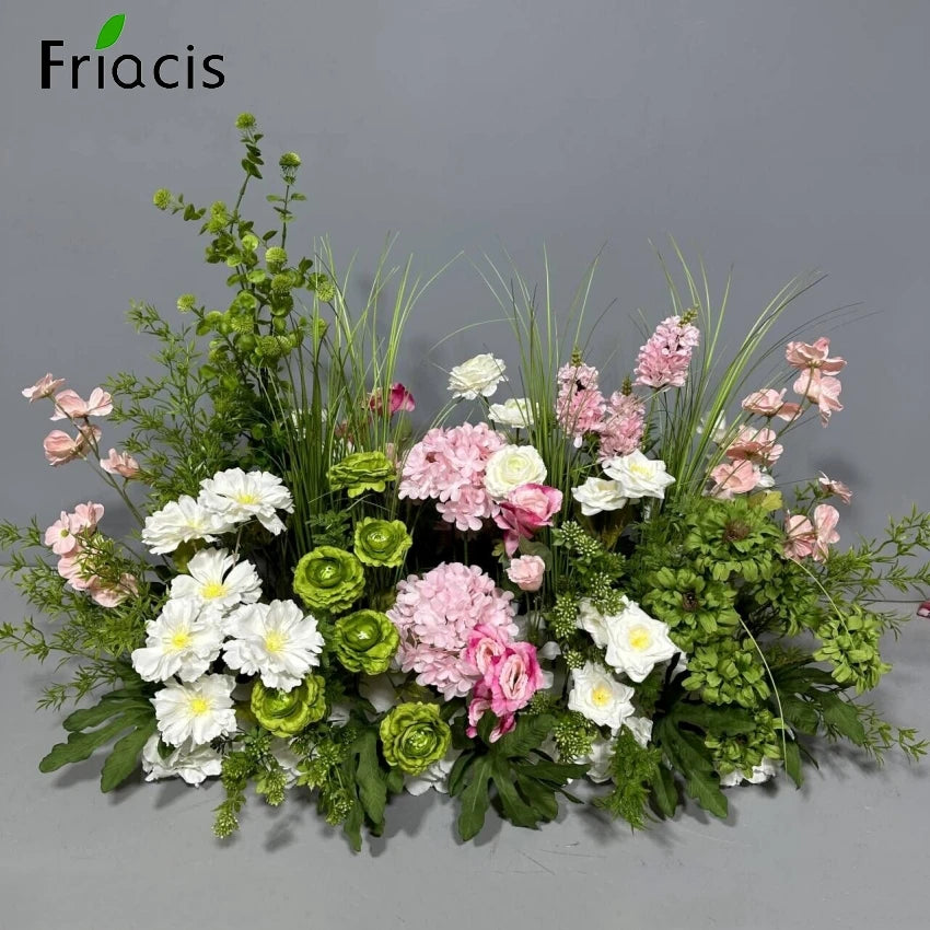 Green Plants Leaf Rose Flower Row Wedding Silk Table Floral Commercial Plaza Partition Hotel Scene Layout Floor Flowers Decor