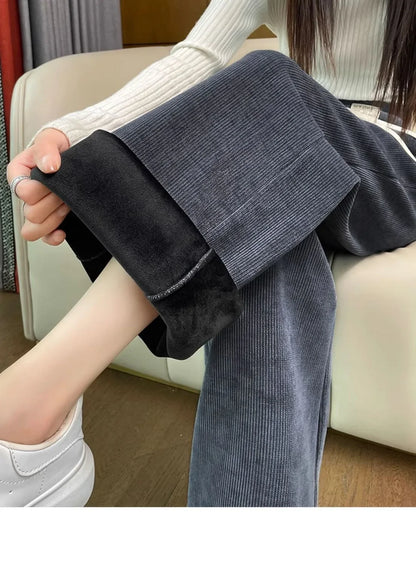 Thickened Corduroy Wide Leg Pants Women's Spring Autumn Fleece Lined Straight Narrow Version Winter Comfortable Trousers