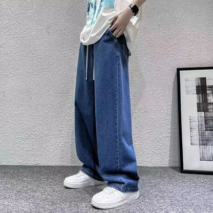 Spring Autumn Men's Jeans Straight Denim Pants Banding Waist Cotton Streetwear Wide Leg Loose Casual Blue Long Jeans Trousers