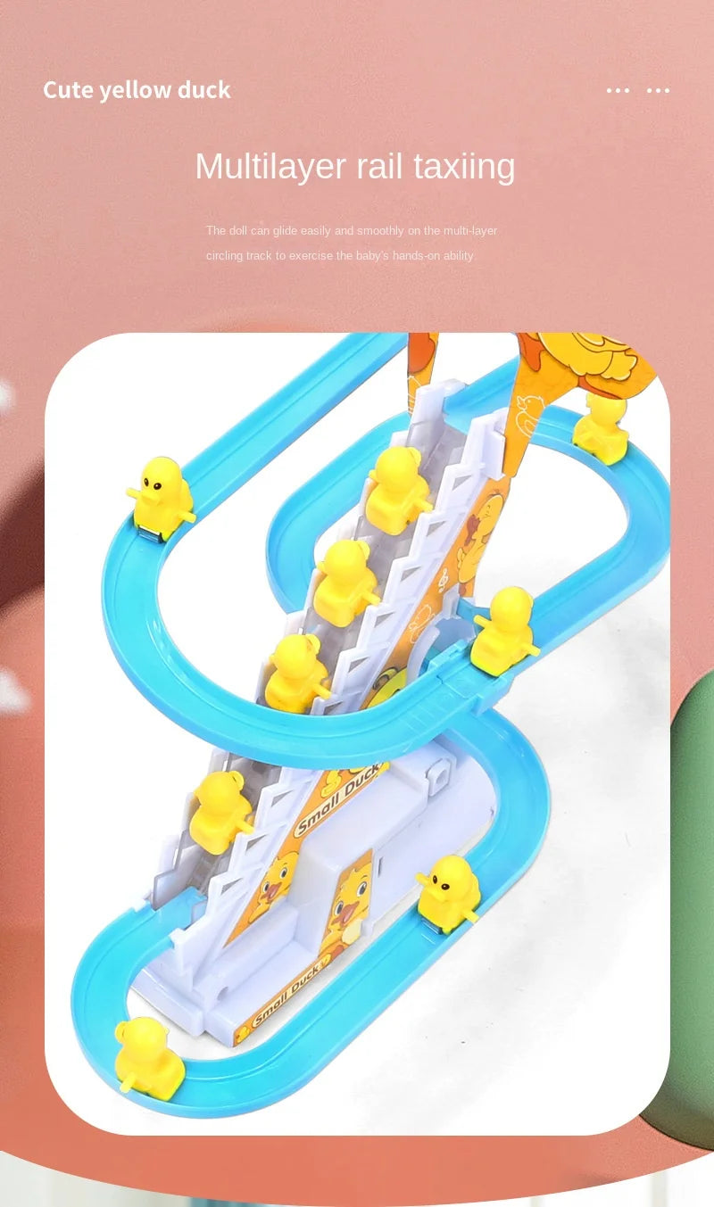 Electric Duck Track Rail Racing Slide Duckling Climbing Stairs Baby Toy LED Lights Musical Slide Roller Coaster Toys for Gift