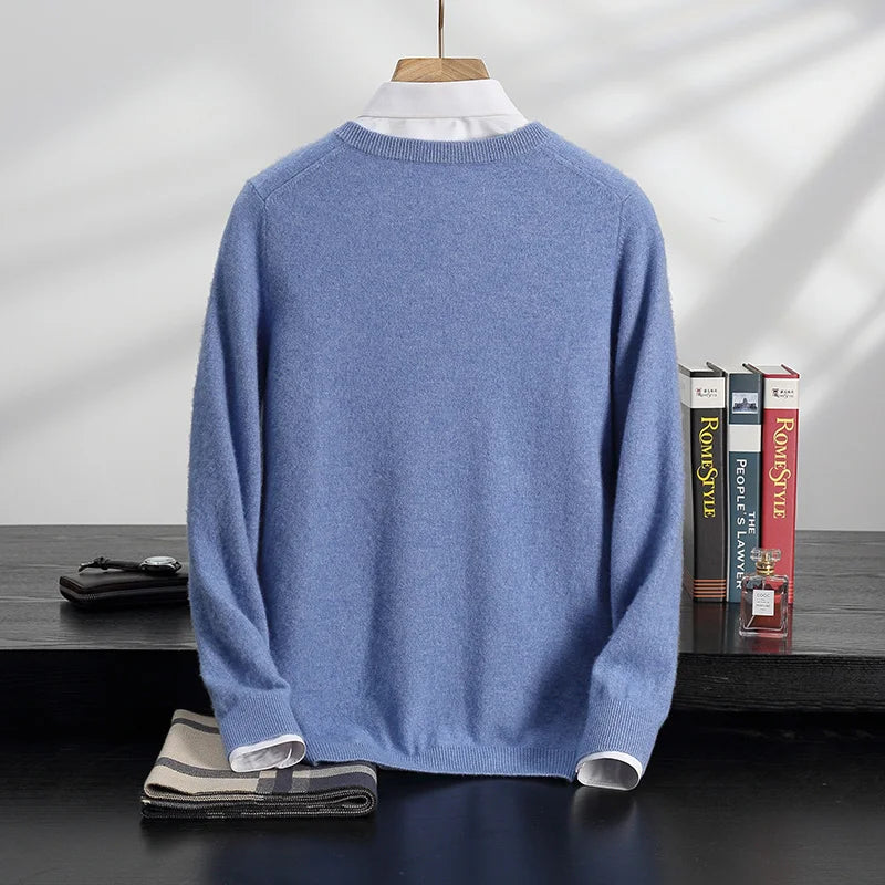 Autumn/Winter New Men's 100% Cashmere Pullover Business Casual Solid Knitted Sweater Loose V-neck Tops Basic Thick Warm Jumper