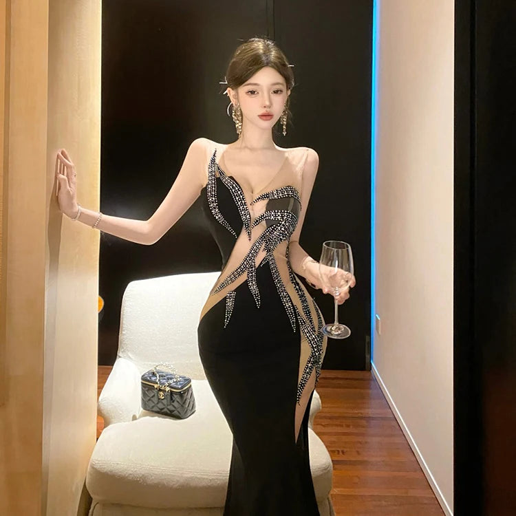 European and American style women exposed legs high fork slimming dress long skirt High end temperament socialite dress