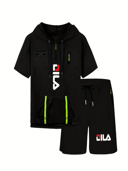 Summer Print Men's 2-piece Set Hooded Streamer Pocket Short Sleeve and Trouble Shorts Comfortable Loose T-Shirt Short Sleeve Set