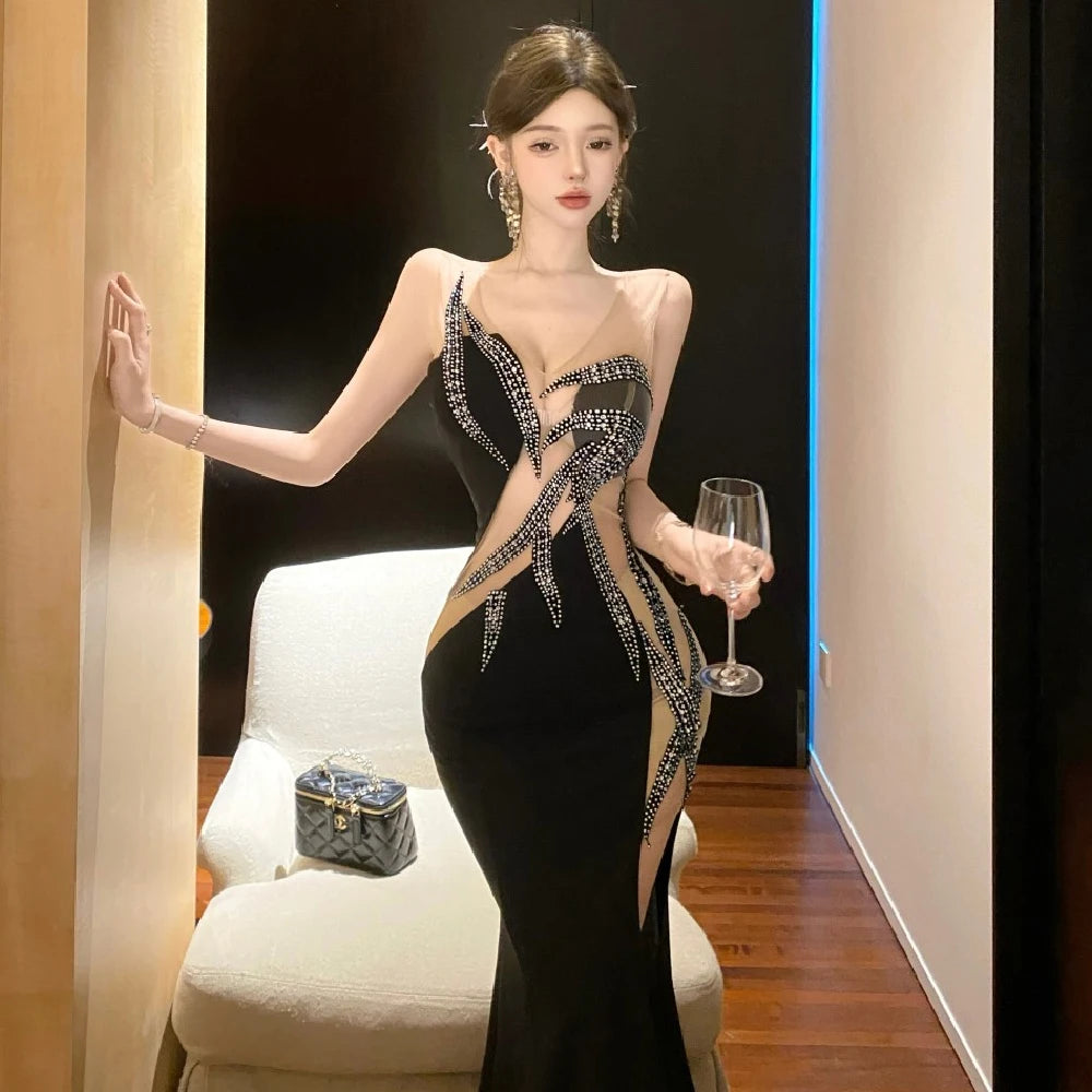 European and American style women exposed legs high fork slimming dress long skirt High end temperament socialite dress