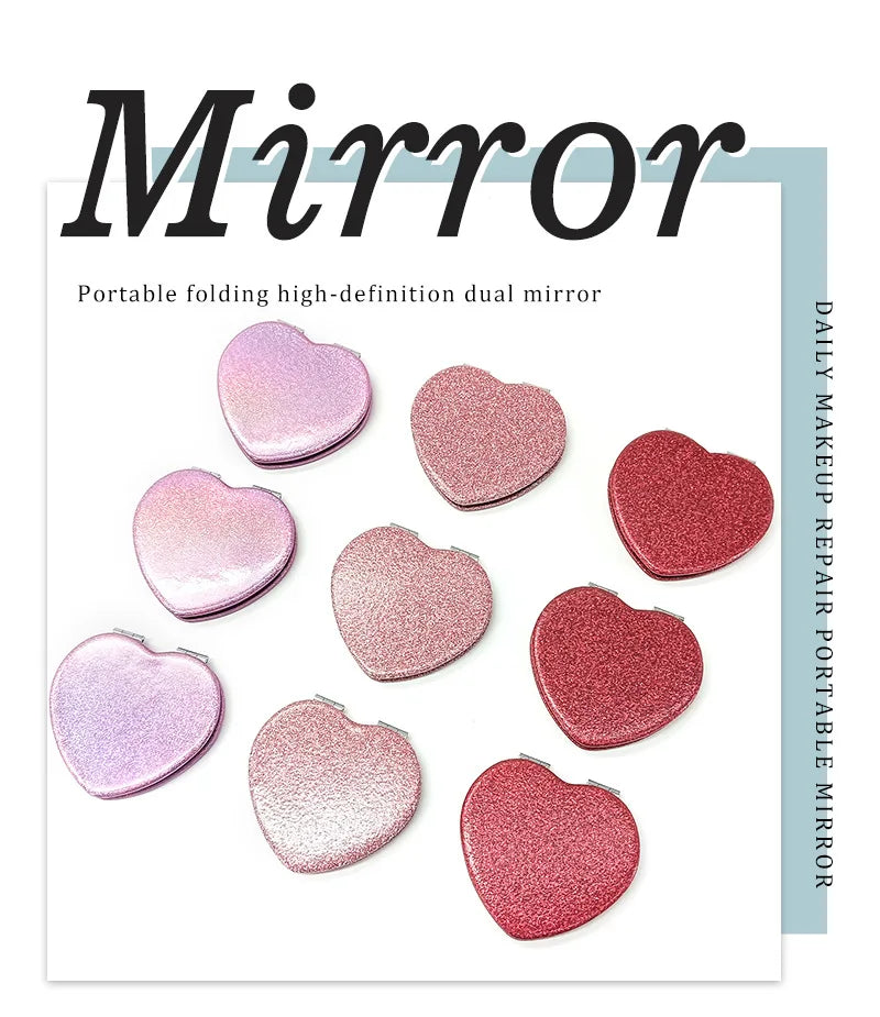 1PC Heart Shape Loose Powder Double Sided Makeup Mirror Portable For Girlfriend Mum Wife Teacher Sister Auntie Birthday Wedding