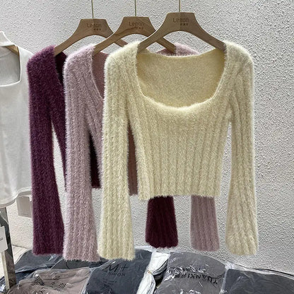 Mink Sweater Women's Autumn and Winter Inner Top French Niche Square Neck Short Soft Sticky Long Sleeves Top Bottom Knit Sweater