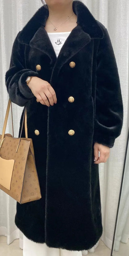 Faux fur coat long coat women's lapel double-breasted loose warm high-end atmospheric coat jacket 24 autumn and winter new