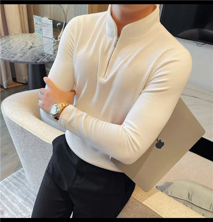Men's Half Zipper Long Sleeved T-shirt Autumn Winter New Pure Color Thicken Slim Fit Elastic Fashionable Versatile T-Shirt