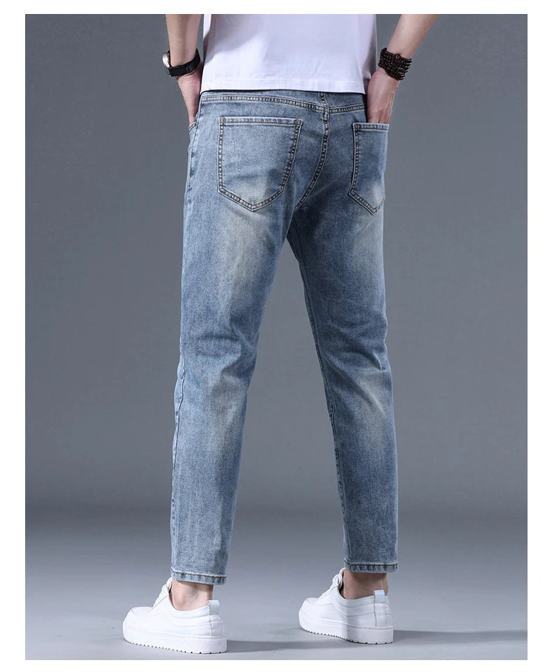 Classic five bag denim Ankle length Slim Fit Small Legs Skinny Men Stretch Jeans Vintage Men's Cropped  9 Points Retro Pants new