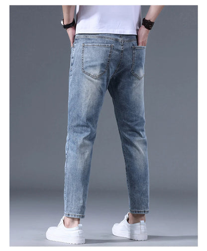 Classic five bag denim Ankle length Slim Fit Small Legs Skinny Men Stretch Jeans Vintage Men's Cropped  9 Points Retro Pants new