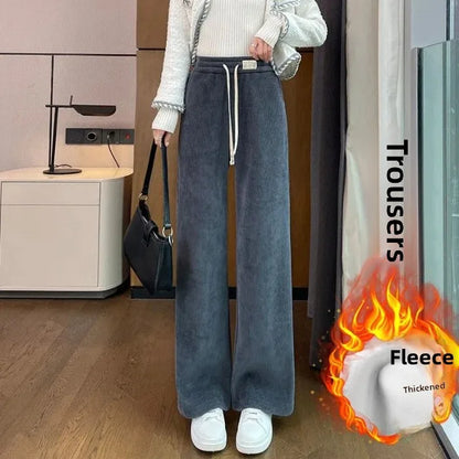 Thickened Corduroy Wide Leg Pants Women's Spring Autumn Fleece Lined Straight Narrow Version Winter Comfortable Trousers