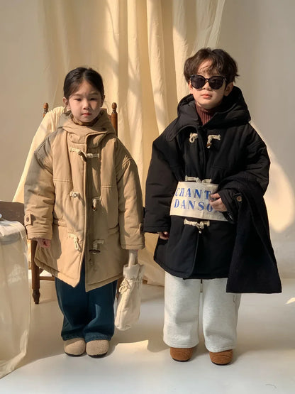 Winter Korean Children Boy Parkas Cotton Padded Thicken Hooded Toddler Boy Snowwear Coat Casual Solid Horn Button Kid Boy Jacket
