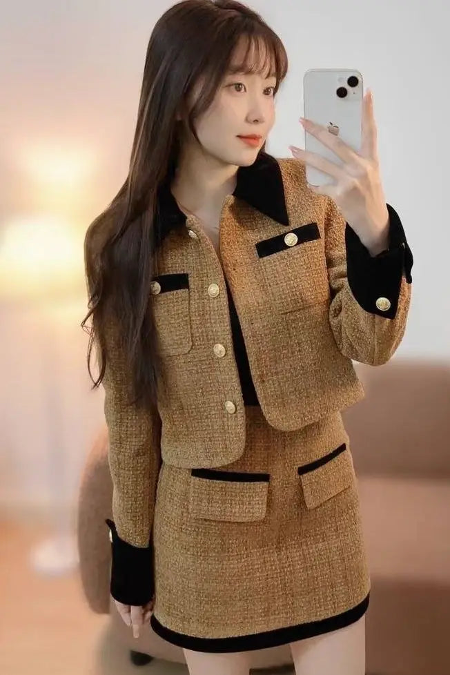 2025 Luxe Tweed Set Women Fall Winter Tailored Jacket  Pencil Skirt Lace Trim