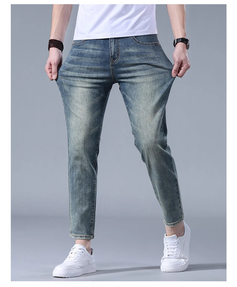 Classic five bag denim Ankle length Slim Fit Small Legs Skinny Men Stretch Jeans Vintage Men's Cropped  9 Points Retro Pants new