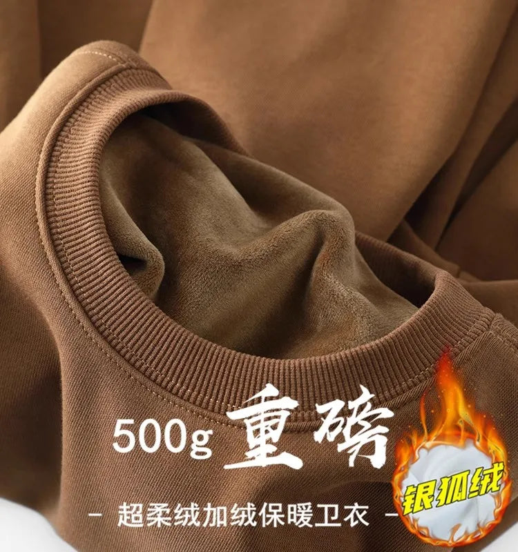 Navy Blue 500g Heavy Round Neck Sweater Men's Autumn and Winter Velvet Thickened Pullover Couple Loose American Top Women