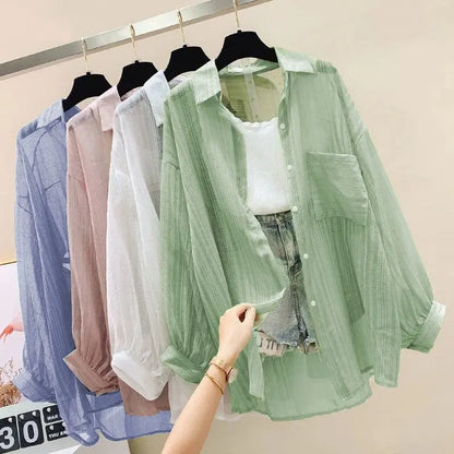 Summer Sunscreen Shirt Elegant Perspective Thin Chiffon Blouse Korean