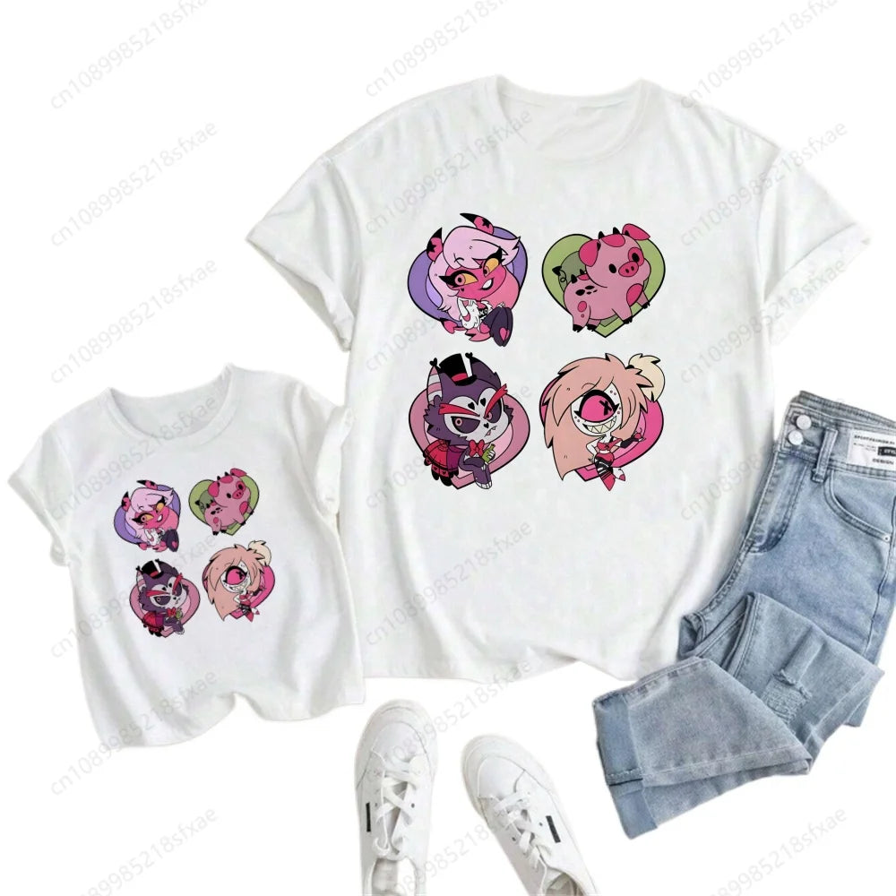 Kids White Tshirt Girls Boys Summer Tops Cartoon Printed Helluva Boss Casual Short Sleeve Kids Baby T-shirt Children Clothes