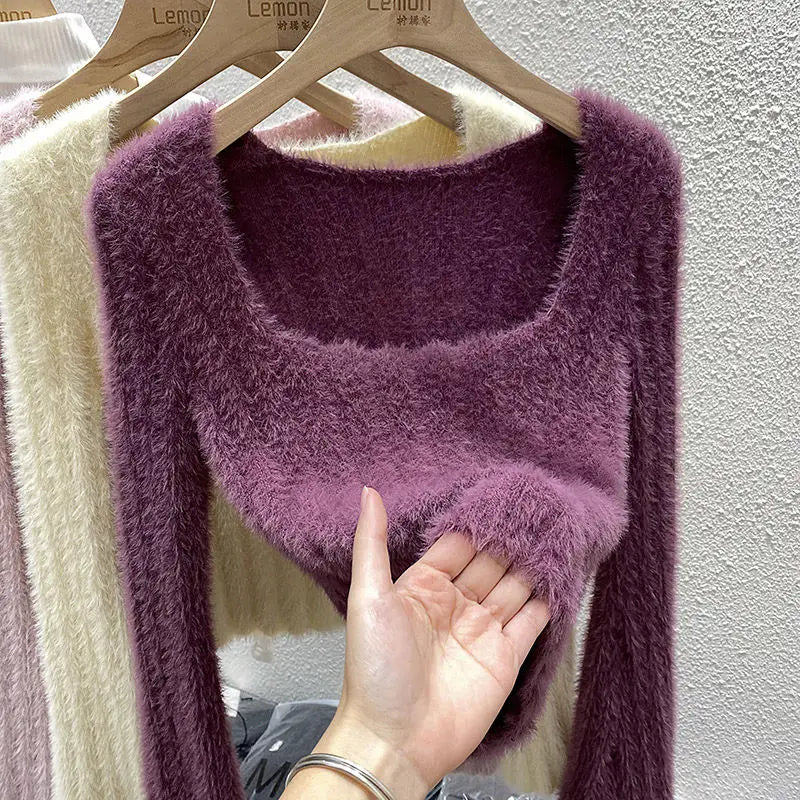 Mink Sweater Women's Autumn and Winter Inner Top French Niche Square Neck Short Soft Sticky Long Sleeves Top Bottom Knit Sweater