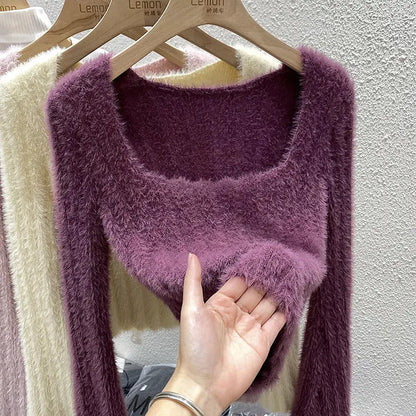 Mink Sweater Women's Autumn and Winter Inner Top French Niche Square Neck Short Soft Sticky Long Sleeves Top Bottom Knit Sweater