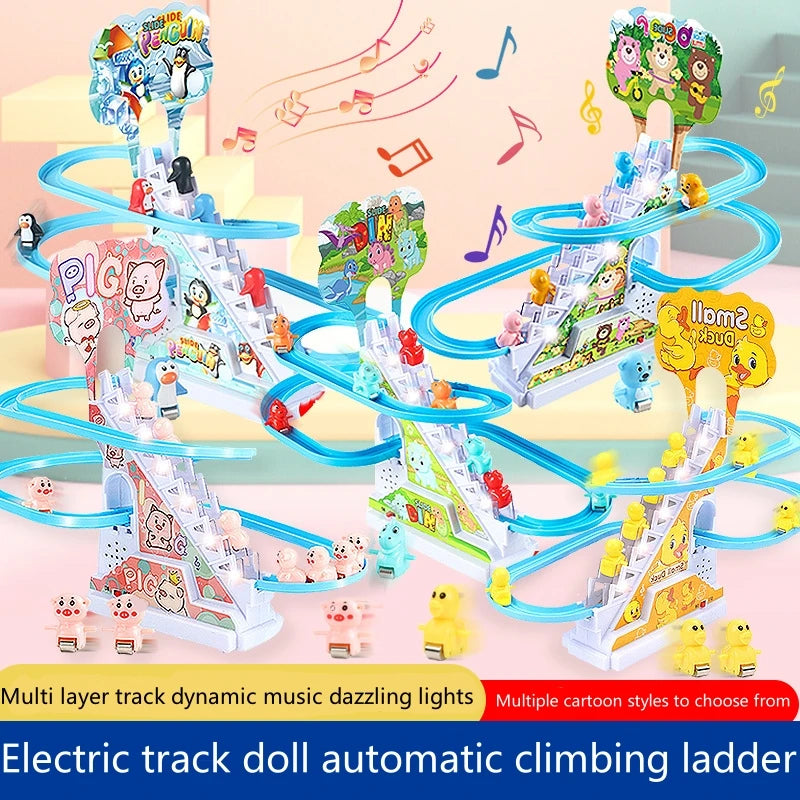 Electric Duck Track Rail Racing Slide Duckling Climbing Stairs Baby Toy LED Lights Musical Slide Roller Coaster Toys for Gift