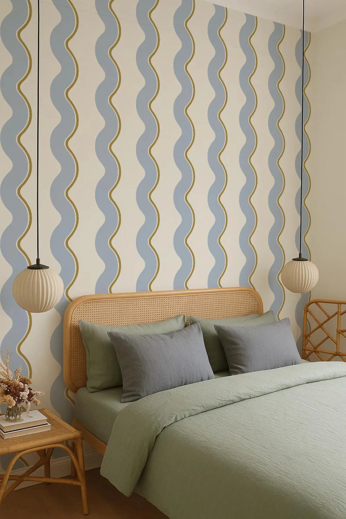 Retro Wavy Lines Regular Wallpaper in Blue, Brown and Beige, Bold Stripes Wall Cover, Funky Temporary Accent Traditional Paper